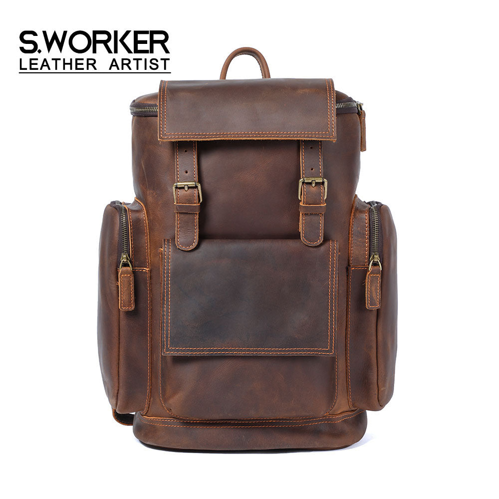 Large Capacity Retro Crazy Horse Leather Backpack Men's Leather Backpack Top Layer Cowhide Outdoor Travel Bag