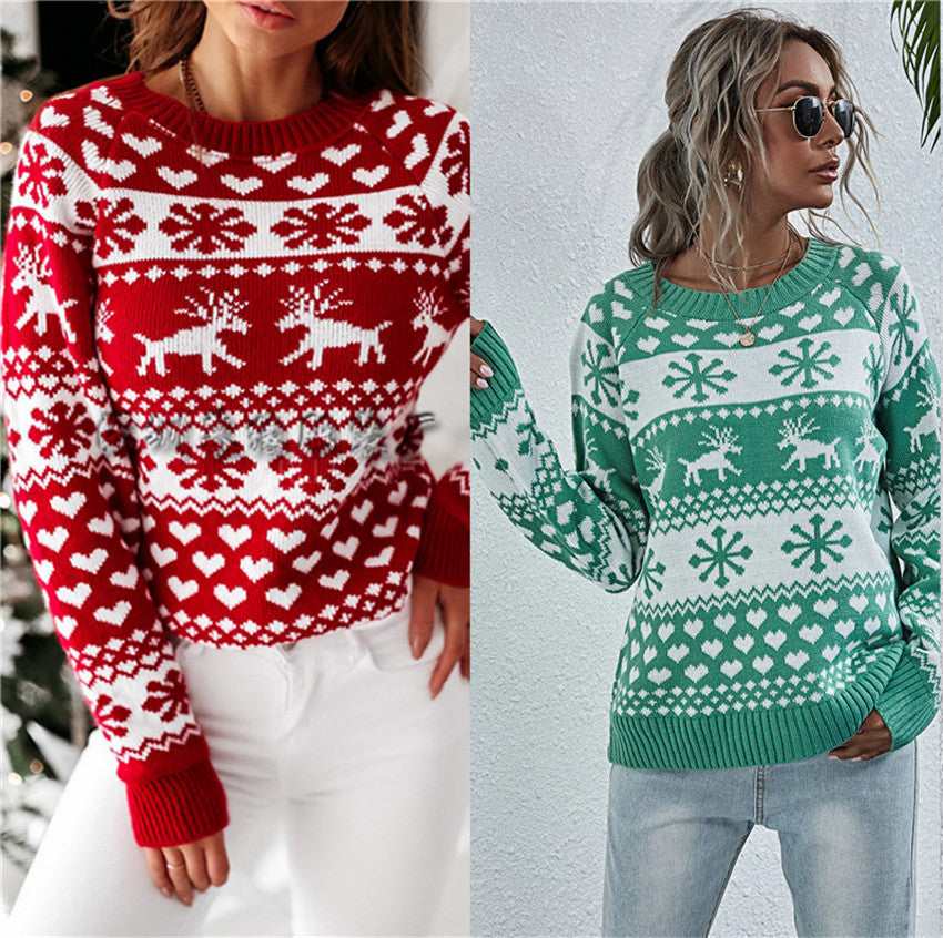 Women's Christmas Sweater Elk Autumn And Winter Amazon New Knitted Round Neck Women's Christmas Snowflake Pullover Women's Sweater