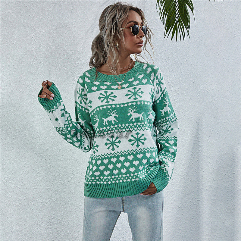 Women's Christmas Sweater Elk Autumn And Winter Amazon New Knitted Round Neck Women's Christmas Snowflake Pullover Women's Sweater