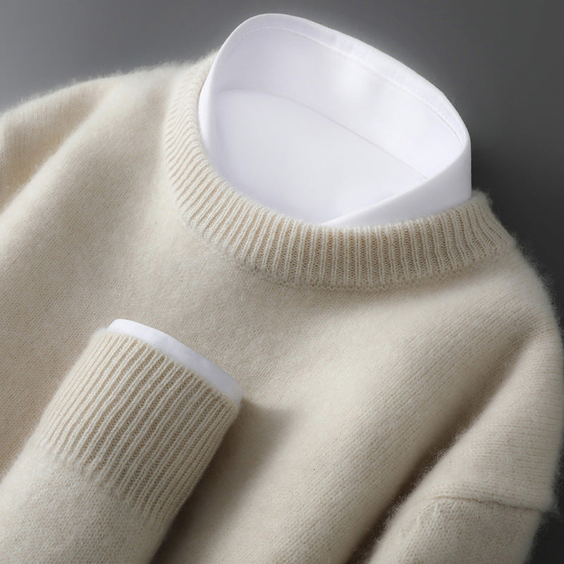 Men's 100% Pure Wool Knit Sweater Round Neck Loose Fit Warm