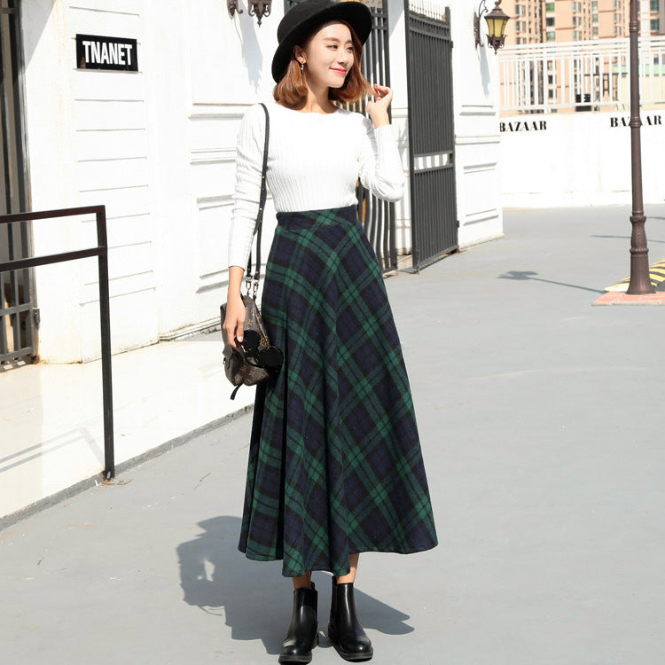 Retro Women's College Style Mid-Length Woolen Plaid High-Waisted Long Skirt With A Flared Hem