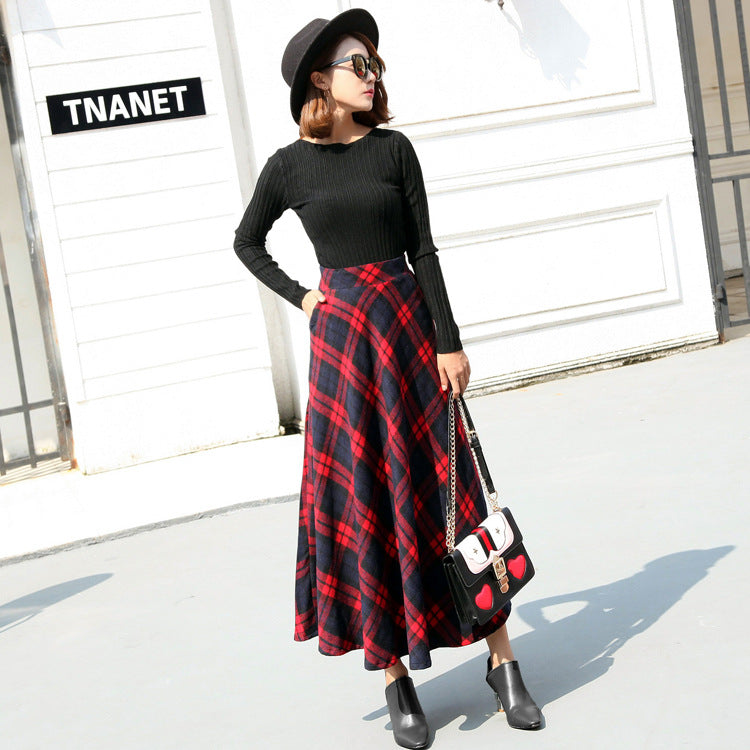 Retro Women's College Style Mid-Length Woolen Plaid High-Waisted Long Skirt With A Flared Hem