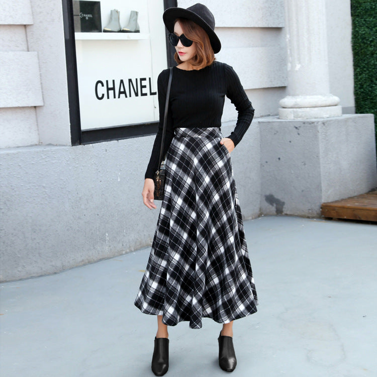 Retro Women's College Style Mid-Length Woolen Plaid High-Waisted Long Skirt With A Flared Hem