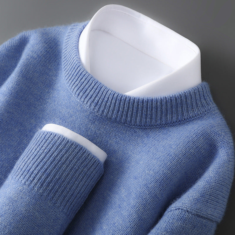 Men's 100% Pure Wool Knit Sweater Round Neck Loose Fit Warm