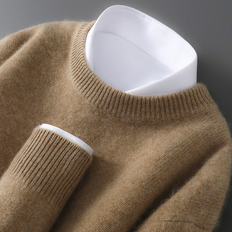Men's 100% Pure Wool Knit Sweater Round Neck Loose Fit Warm