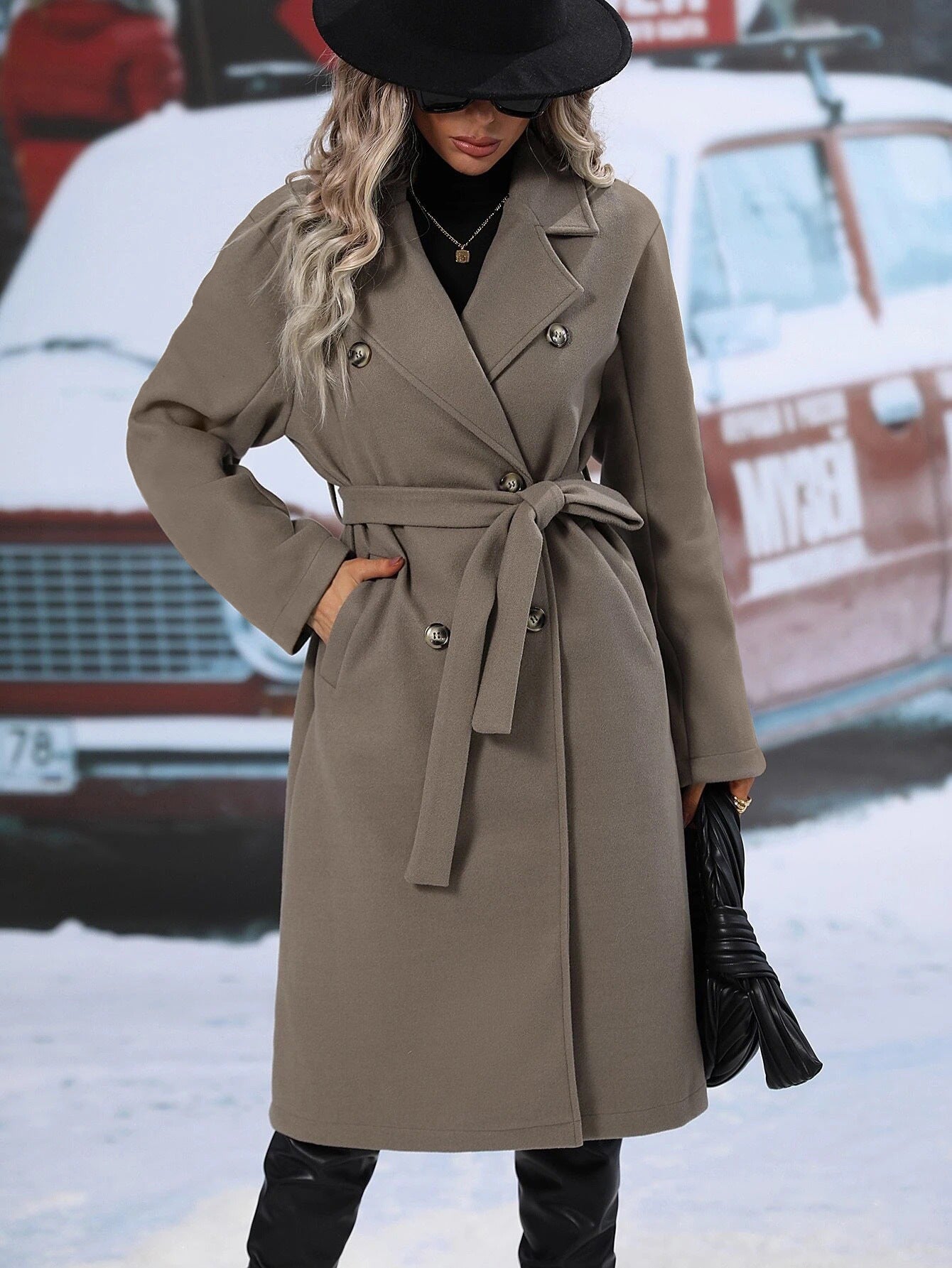 Women's Double-Breasted Belted Wool Coat