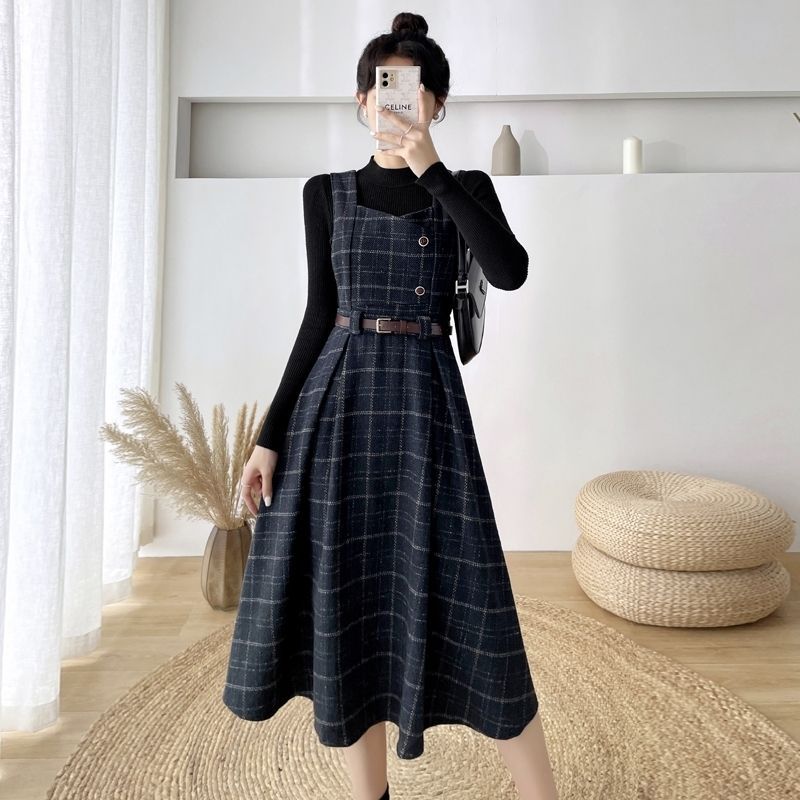 Autumn And Winter New French Style Small Fragrance Base With Coat Thickened Plaid Wool Suspender Dress Two-piece Suit