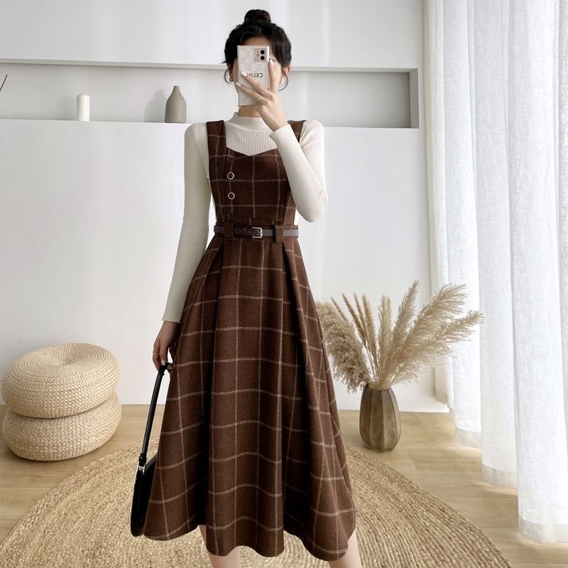 Autumn And Winter New French Style Small Fragrance Base With Coat Thickened Plaid Wool Suspender Dress Two-piece Suit