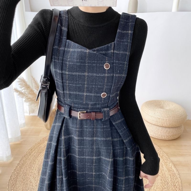 Autumn And Winter New French Style Small Fragrance Base With Coat Thickened Plaid Wool Suspender Dress Two-piece Suit