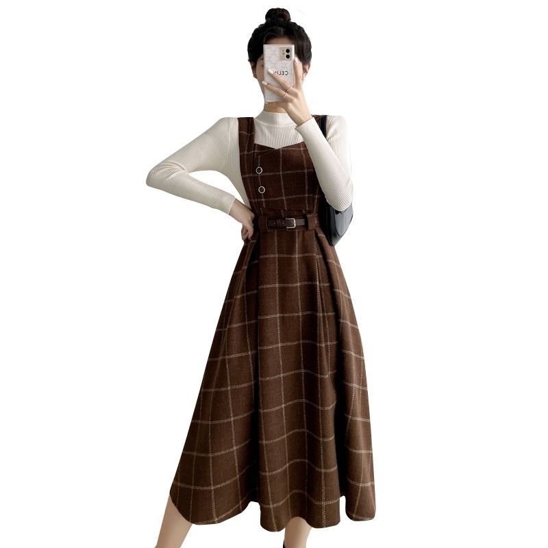 Autumn And Winter New French Style Small Fragrance Base With Coat Thickened Plaid Wool Suspender Dress Two-piece Suit