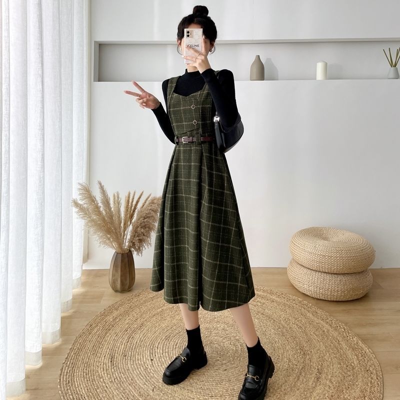 Autumn And Winter New French Style Small Fragrance Base With Coat Thickened Plaid Wool Suspender Dress Two-piece Suit