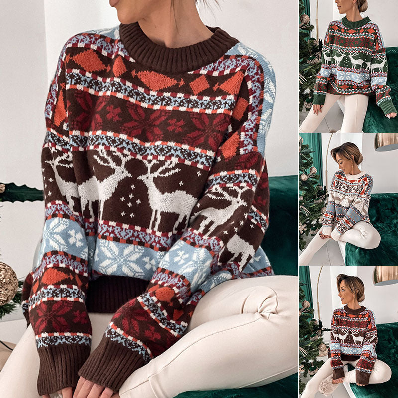 Women's New  Autumn And Winter Christmas Knitted Pullover Long-sleeved Sweater Loose