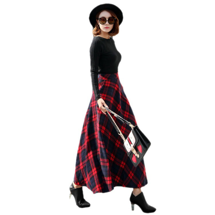Retro Women's College Style Mid-Length Woolen Plaid High-Waisted Long Skirt With A Flared Hem