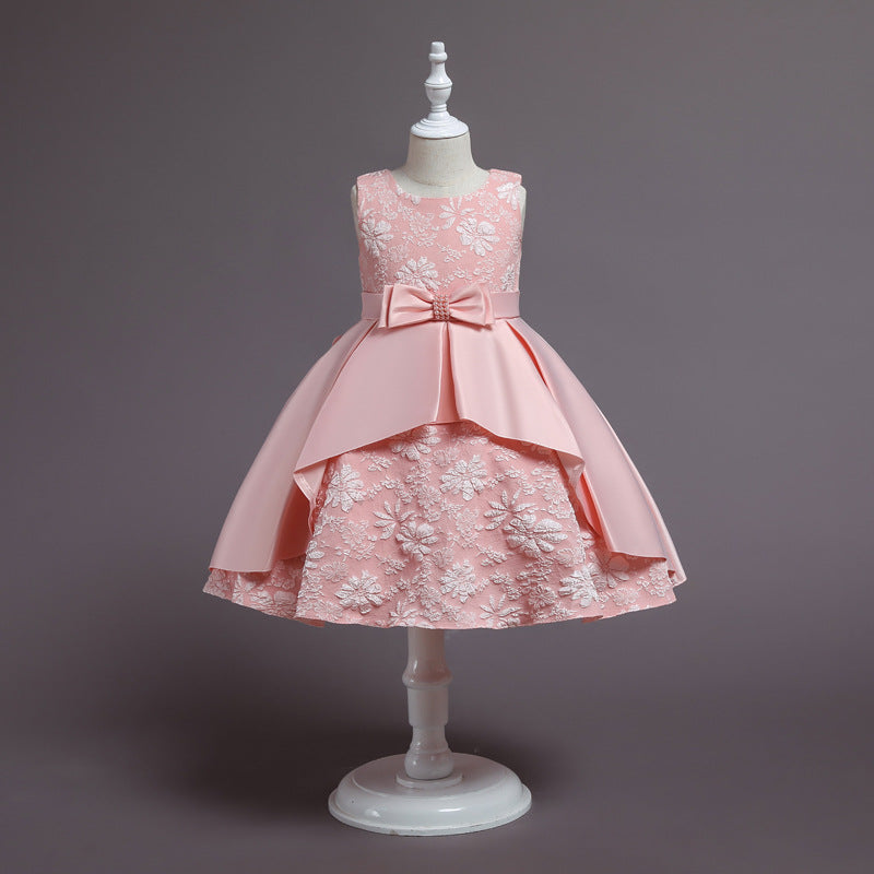 Girls Dresses Embroidered Skirts Bows Cute Dresses Puffy Satin Princess Dresses Party Show Dresses