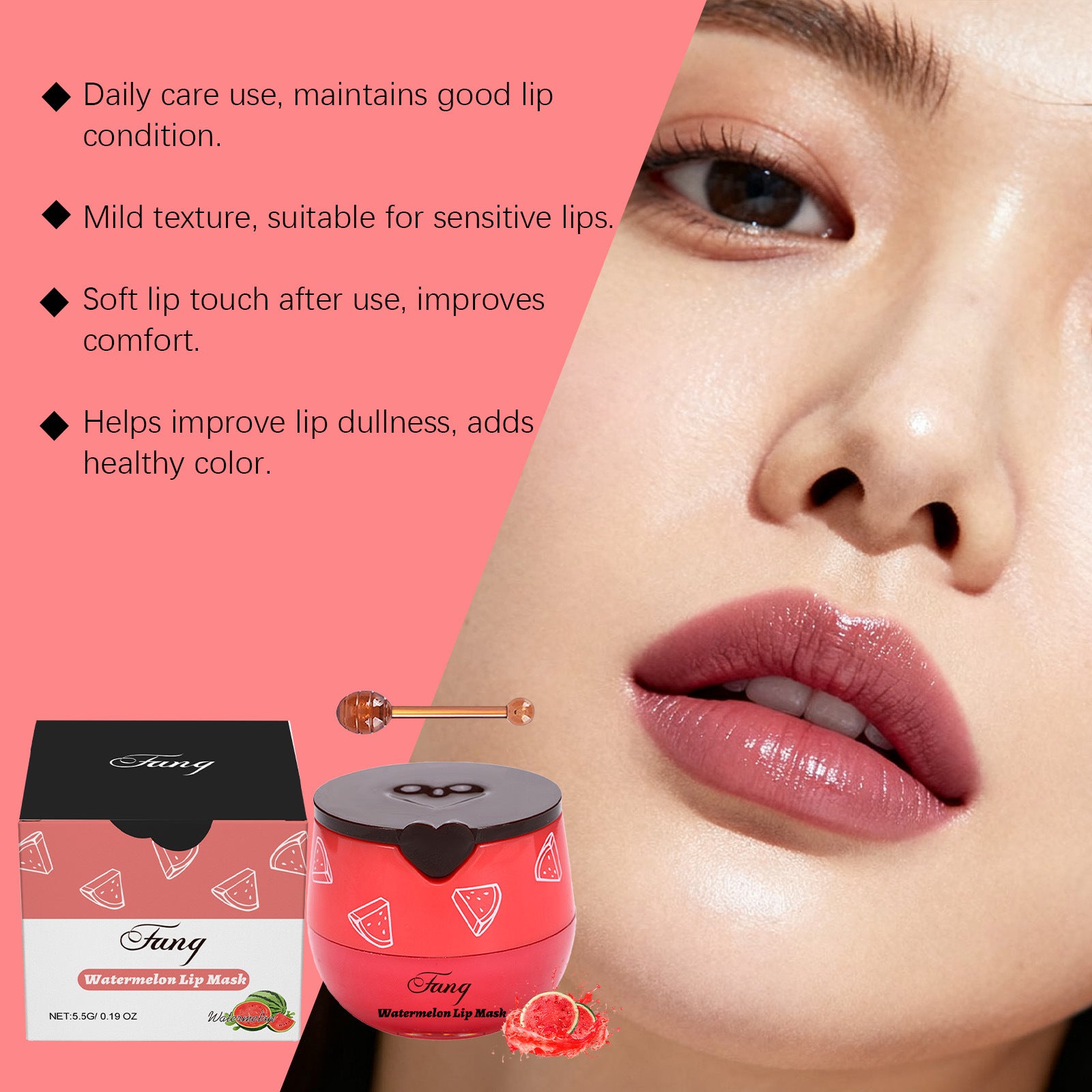 Watermelon Moisturizing Lip Mask: Nourishes and cares for lips, leaving them refreshed, moisturized, and glossy. Ideal for daily lip care.