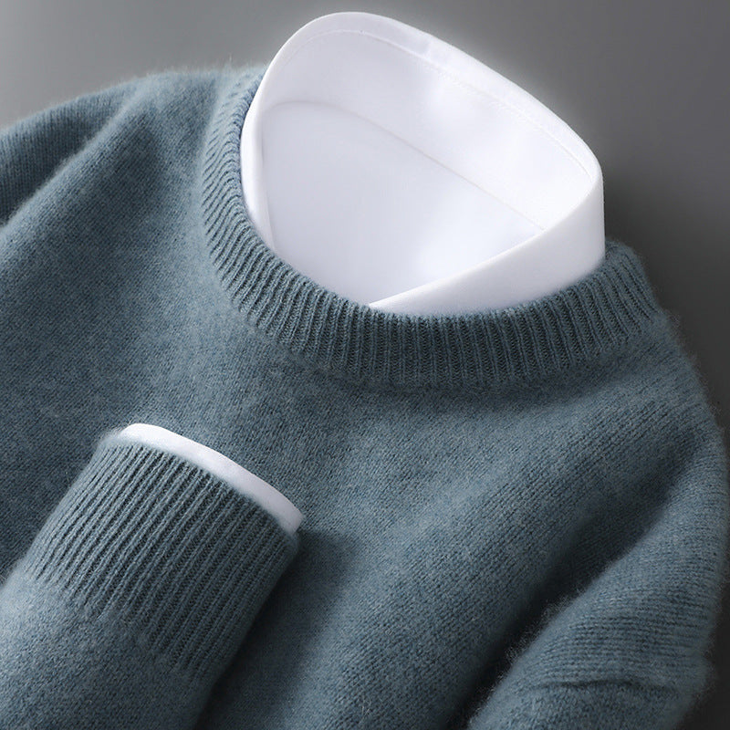 Men's 100% Pure Wool Knit Sweater Round Neck Loose Fit Warm