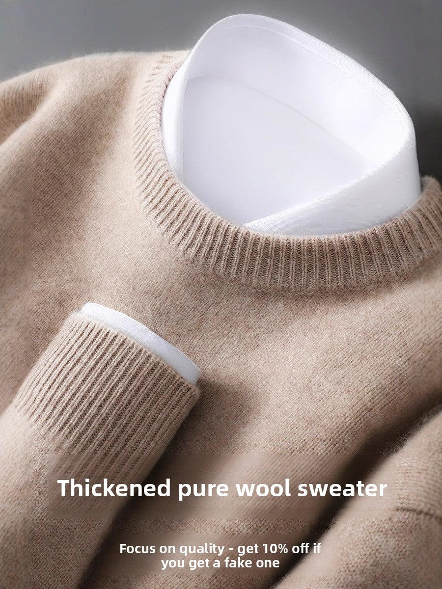 Men's 100% Pure Wool Knit Sweater Round Neck Loose Fit Warm