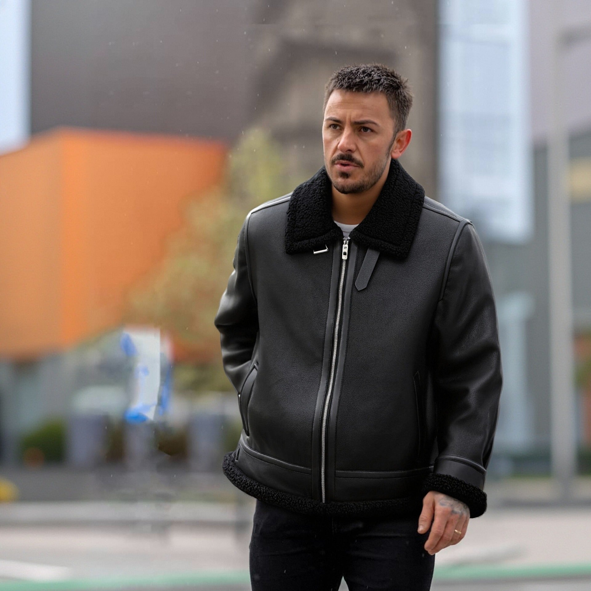 Faux Leather Jacket with Fur Collar